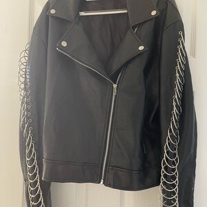 Chic Black Leather Jacket with Chain Accents